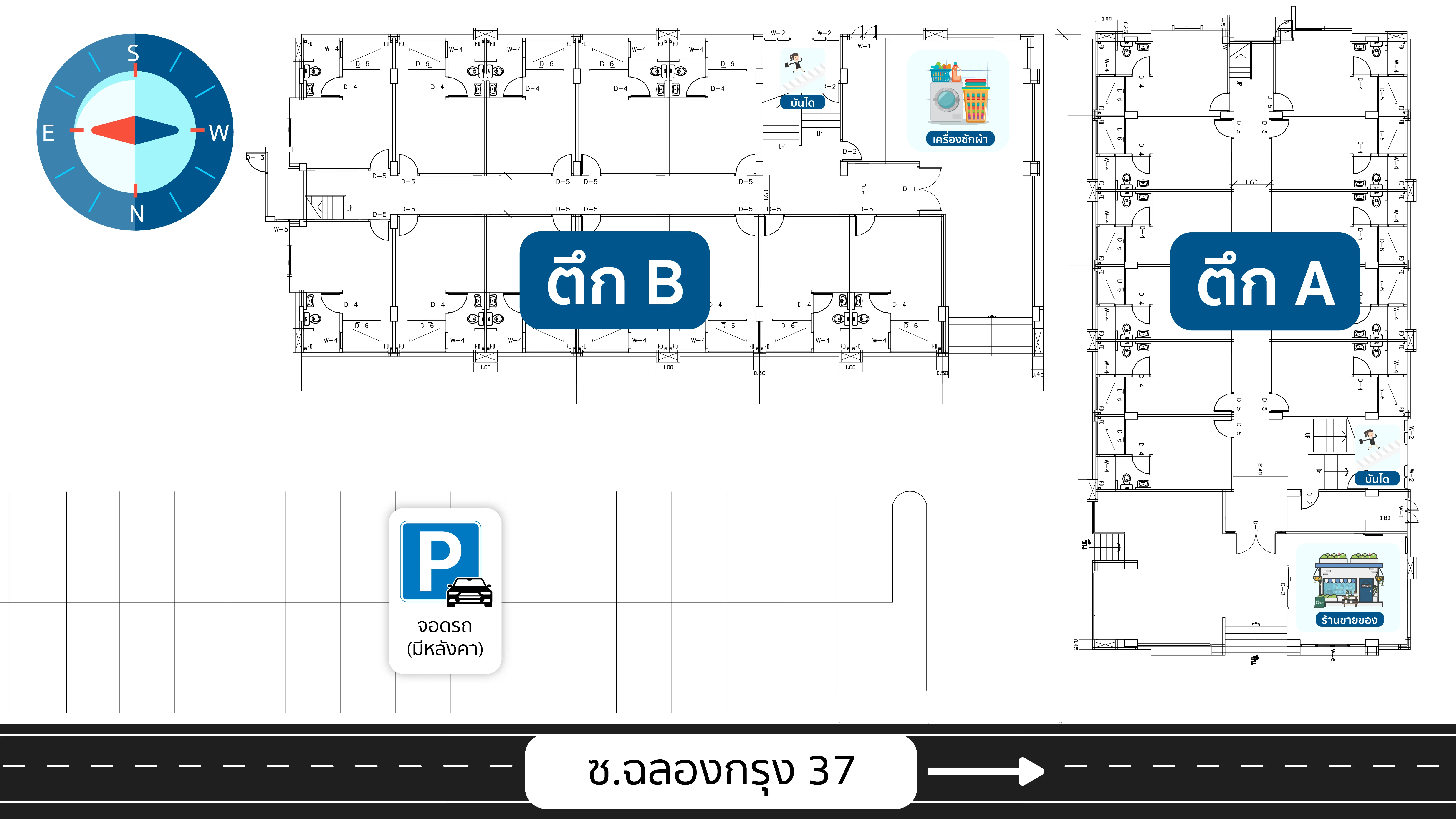 ผังภาพรวม: ตึก A, ตึก B และถนนทางเข้า